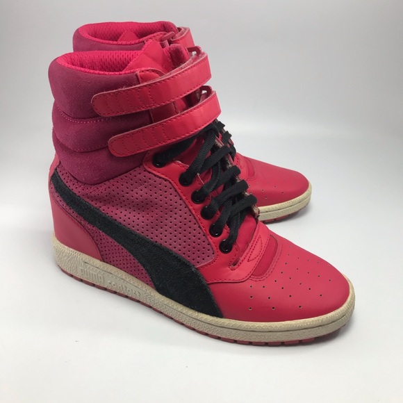 puma red wedge sneakers